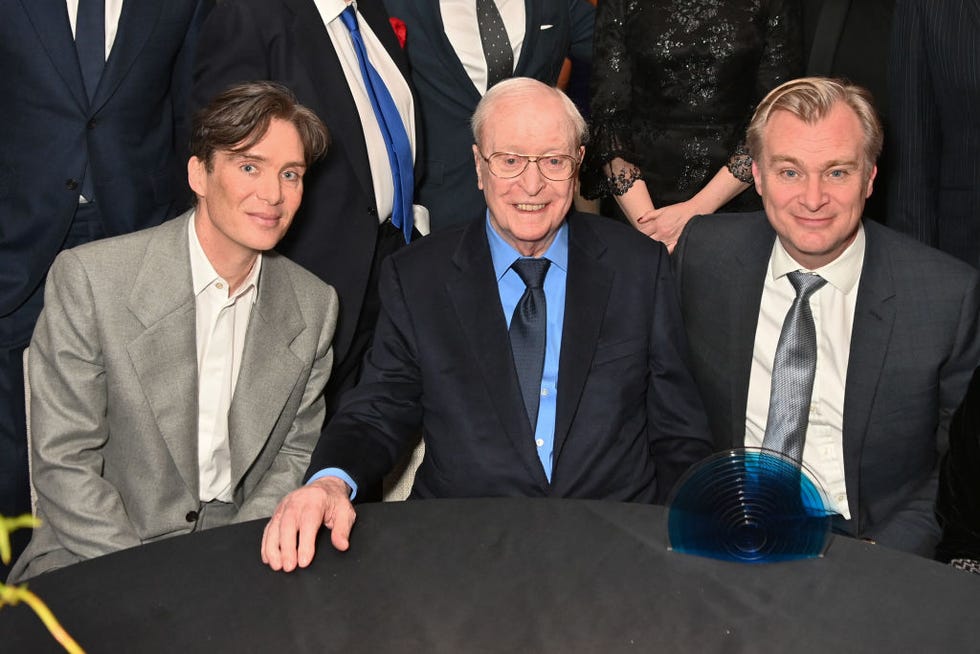 london, england february 14 l to r cillian murphy, sir michael caine and christopher nolan attend the bfi chairmans dinner where christopher nolan was awarded a bfi fellowship at the rosewood hotel on february 14, 2024 in london, england photo by dave benettgetty images for bfi