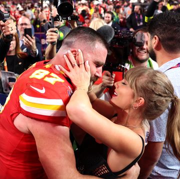 las vegas, nevada february 11 travis kelce 87 of the kansas city chiefs celebrates with taylor swift after defeating the san francisco 49ers 2 during super bowl lviii at allegiant stadium on february 11, 2024 in las vegas, nevada photo by ezra shawgetty images