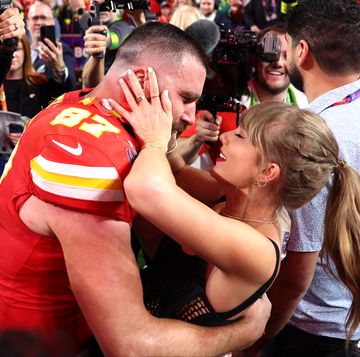 las vegas, nevada february 11 travis kelce 87 of the kansas city chiefs celebrates with taylor swift after defeating the san francisco 49ers 2 during super bowl lviii at allegiant stadium on february 11, 2024 in las vegas, nevada photo by ezra shawgetty images