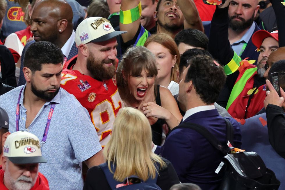 las vegas, nevada february 11 travis kelce 87 of the kansas city chiefs celebrates with taylor swift after defeating the san francisco 49ers 25 22 in overtime during super bowl lviii at allegiant stadium on february 11, 2024 in las vegas, nevada photo by ethan millergetty images