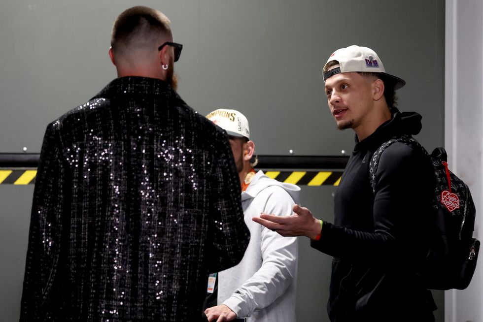 las vegas, nevada february 11 travis kelce 87 of the kansas city chiefs and patrick mahomes 15 stand in the elevator as they leave the stadium after defeating the san francisco 49ers 25 22 in overtime during super bowl lviii at allegiant stadium on february 11, 2024 in las vegas, nevada photo by steph chambersgetty images