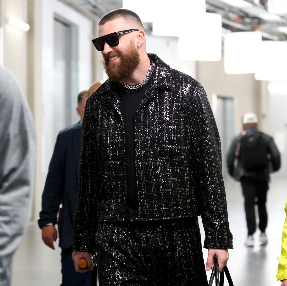 las vegas, nevada february 11 travis kelce 87 of the kansas city chiefs walks through the tunnel as he leaves the stadium after defeating the san francisco 49ers 25 22 in overtime during super bowl lviii at allegiant stadium on february 11, 2024 in las vegas, nevada photo by steph chambersgetty images