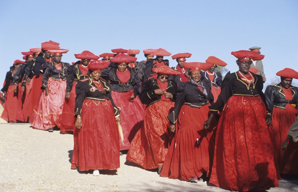 Herero tribe in annual procession wearing Victorian dress