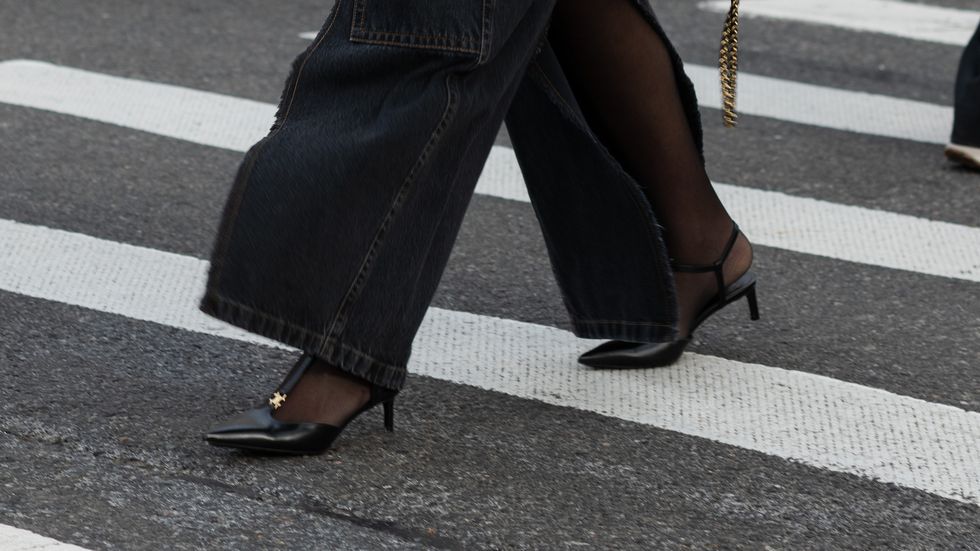 new york, new york february 12 a guest is seen wearing a black blazer, white top, denim skirt and black shoes outside the coach show during february 2024 new york fashion week on february 12, 2024 in new york city photo by jade tillman belmesgetty images