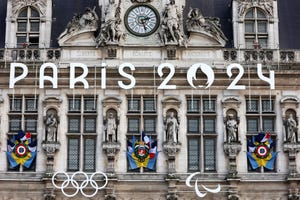 paris, france february 13 the logo, paris 2024 representing the olympic games, several months prior to the start of the paris 2024 olympic and paralympic games is displayed on the facade of paris town hall on february 13, 2024 in paris, france france will host the olympic games on friday july 26 to sunday august 11, 2024 photo by chesnotgetty images