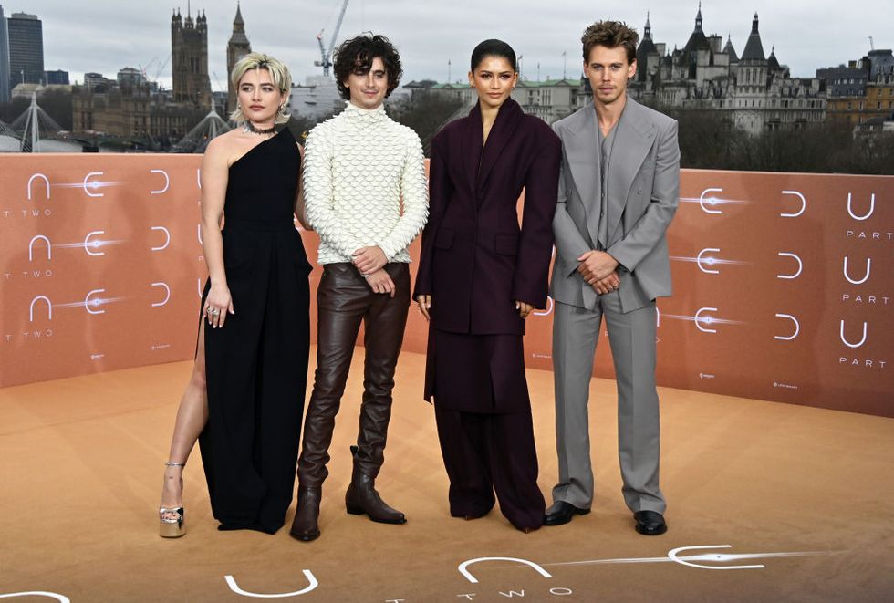 london, england february 14 l r florence pugh, timothee chalamet, zendaya and austin butler attend the london photocall for dune part two at iet london on february 14, 2024 in london, england photo by dave benettwireimage