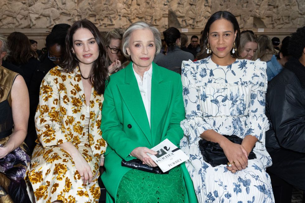 lily james, kristin scott thomas, and zawe ashton at erdem rtw fall 2024 as part of london ready to wear fashion week held at the british museum on february 17, 2024 in london, england photo by adam dukewwd via getty images
