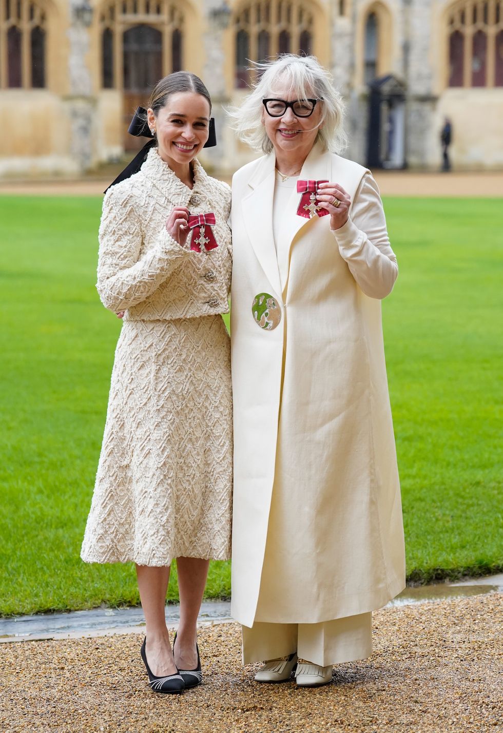 windsor, england february 21 emilia clarke left and jennifer clarke, co founders and trustees, sameyou, after being made members of the order of the british empire during an investiture ceremony at windsor castle, on february 21, 2024 in windsor, england photo andrew matthews poolgetty images
