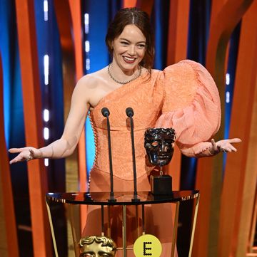 london, england february 18 emma stone accepts the leading actress award for poor things during the 2024 ee bafta film awards, held at the royal festival hall on february 18, 2024 in london, england photo by kate greenbaftagetty images for bafta
