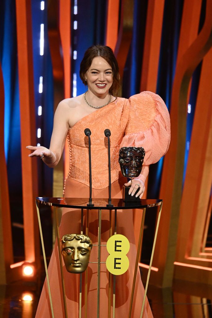 london, england february 18 emma stone accepts the leading actress award for poor things during the 2024 ee bafta film awards, held at the royal festival hall on february 18, 2024 in london, england photo by kate greenbaftagetty images for bafta