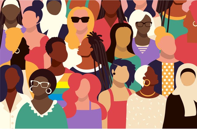 vector illustration of a crowd of diverse women with various expressions vibrant colors. vibrant colors. easy to edit. vector eps and jpg in download.