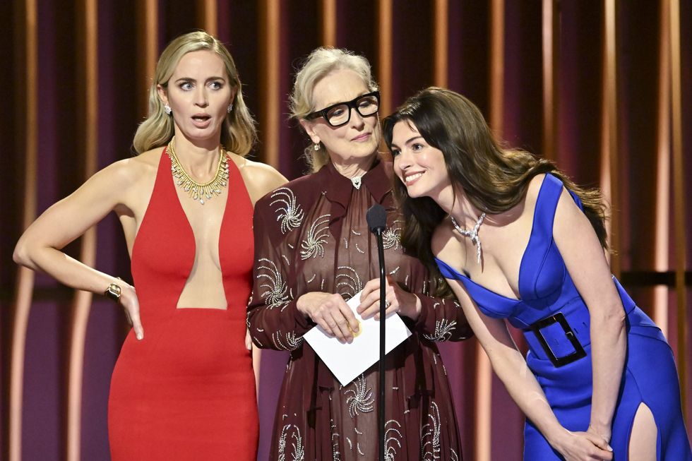 emily blunt, meryl streep and anne hathaway speak onstage at the 30th annual screen actors guild awards held at the shrine auditorium and expo hall on february 24, 2024 in los angeles, california photo by michael bucknervariety via getty images
