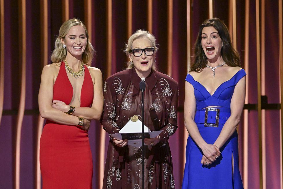 emily blunt, meryl streep and anne hathaway speak onstage at the 30th annual screen actors guild awards held at the shrine auditorium and expo hall on february 24, 2024 in los angeles, california photo by michael bucknervariety via getty images