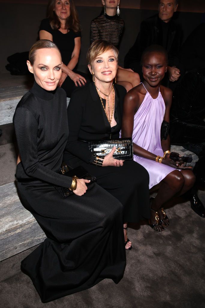 milan, italy february 22 amber valletta, sharon stone and alek wek are seen on the front row at the tom ford fashion show during the milan fashion week womenswear fallwinter 2024 2025 on february 22, 2024 in milan, italy photo by daniele venturelligetty images for tom ford
