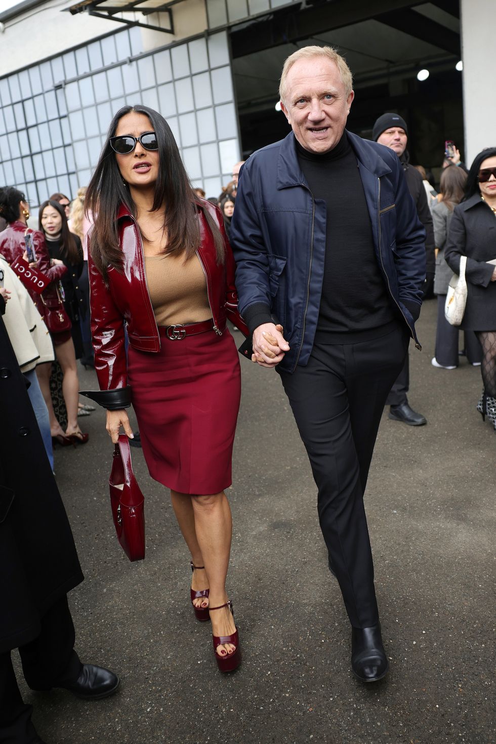 milan, italy february 23 salma hayek pinault and françois henri pinault are seen arriving at the gucci fashion show during the milan fashion week womenswear fallwinter 2024 2025 on february 23, 2024 in milan, italy photo by jacopo raulegetty images