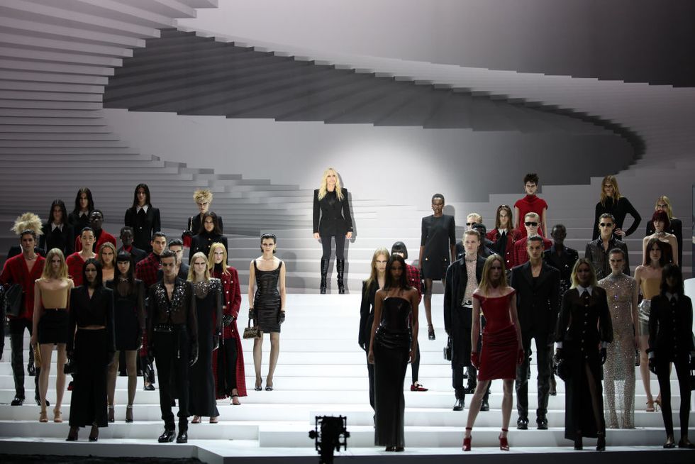 milan, italy february 23 designer donatella versace walks the runway at the versace fashion show during the milan fashion week womenswear fallwinter 2024 2025 on february 23, 2024 in milan, italy photo by daniele venturelligetty images