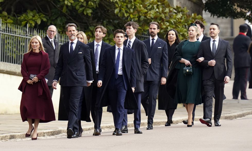 windsor, england february 27 prince pavlos, crown prince of greece, prince of denmark re, and marie chantal, crown princess of greece, princess of denmark both front, princess maria olympia of greece and denmark third left, princess nina of greece and denmark and prince philippos of greece and denmark fifth right princess theodora of greece and denmark second right and matthew jeremiah kumar right attend the thanksgiving service for king constantine of the hellenes at st georges chapel on february 27, 2024 in windsor, england constantine ii, head of the royal house of greece, reigned as the last king of the hellenes from 6 march 1964 to 1 june 1973, and died in athens at the age of 82 photo by andrew matthews wpa poolgetty images