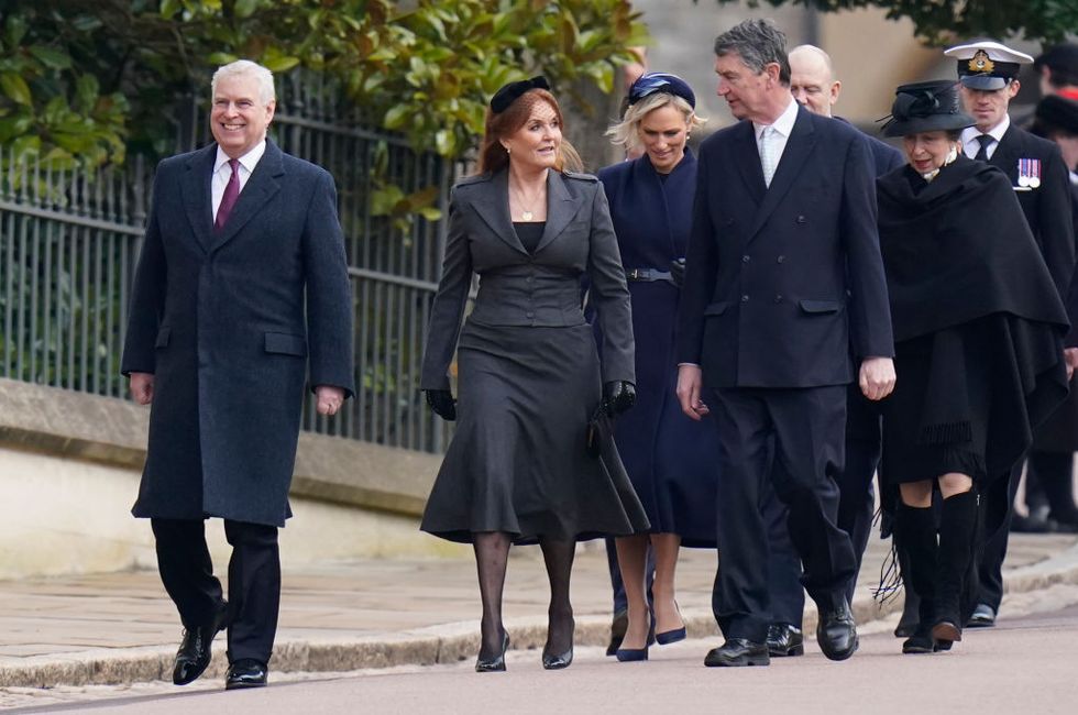 windsor, england february 27 l r prince andrew, duke of york, sarah, duchess of york, zara tindall, sir timothy laurence, mike tindall and anne, princess royal attend the thanksgiving service for king constantine of the hellenes at st georges chapel on february 27, 2024 in windsor, england constantine ii, head of the royal house of greece, reigned as the last king of the hellenes from 6 march 1964 to 1 june 1973, and died in athens at the age of 82 photo by andrew matthews wpa poolgetty images