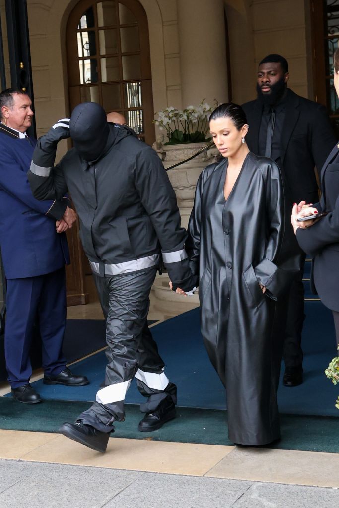 paris, france february 28 kanye west and bianca censori are seen leaving their hotel on february 28, 2024 in paris, france photo by megagc images