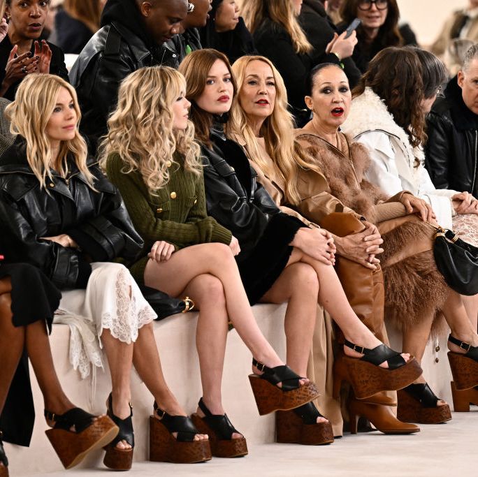 topshot from 2l us born british actress sienna miller, us actress kiernan shipka and british us model georgia may jagger and her mother us actress and model jerry hall sit ahead of the presentation of creations by chloe for the women ready to wear fall winter 20242025 collection as part of the paris fashion week, in paris on february 29, 2024 photo by julien de rosa  afp photo by julien de rosaafp via getty images
