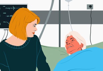 a hospital scene featuring a caregiver and a patient in a bed surrounded by medical equipment