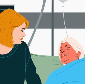 Daughter visiting, talking with aging mother recovering in hospital a hospital scene featuring a caregiver and a patient in a bed surrounded by medical equipment