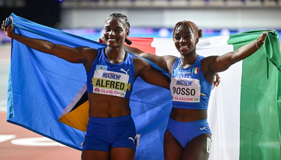 scotland , united kingdom 2 march 2024 gold medallist julien alfred of saint lucia, left, and bronze medallist zaynab dosso of italy celebrate after the womens 60m final on day two of the world indoor athletics championships 2024 at emirates arena in glasgow, scotland photo by sam barnessportsfile via getty images