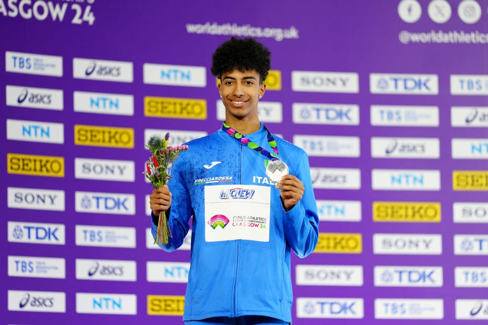 italys mattia furlani celebrates silver on the podium for the mens long jump during day two of the world indoor athletics championships at the emirates arena, glasgow picture date saturday march 2, 2024 photo by jane barlowpa images via getty images