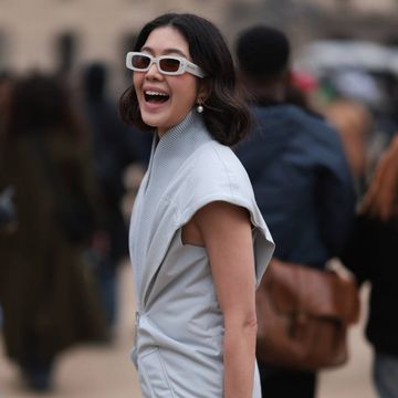 paris, france february 29 fashion week guest is seen wearing grey shades and a grey one piece top without arms and silver pearl earrings before the off white fashion show during the womenswear fallwinter 20242025 as part of paris fashion week on february 29, 2024 in paris, france photo by jeremy moellergetty images