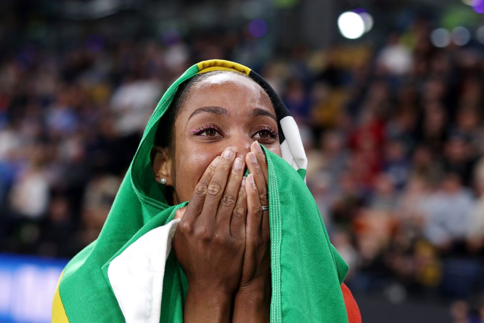 glasgow, scotland march 03 gold medalist thea lafond of team dominica celebrates after winning the womens triple jump final on day three of the world athletics indoor championships glasgow 2024 at emirates arena on march 03, 2024 in glasgow, scotland photo by alex pantlinggetty images