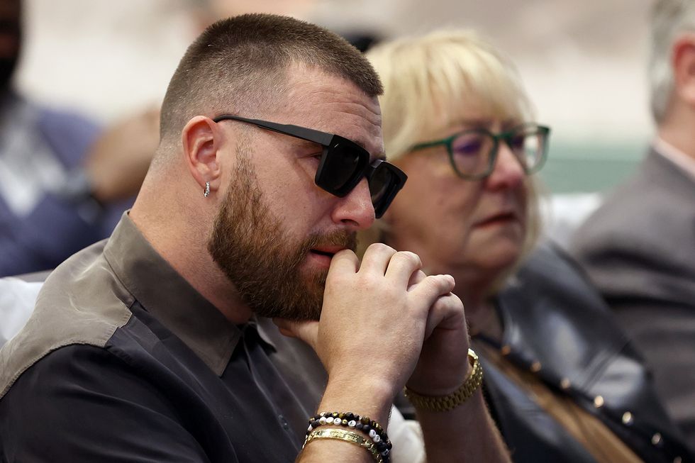 philadelphia, pennsylvania march 04 travis kelce 87 of the kansas city chiefs reacts during his brother, jason's, retirement announcement from the nfl at novacare complex on march 04, 2024 in philadelphia, pennsylvania photo by tim nwachukwugetty images