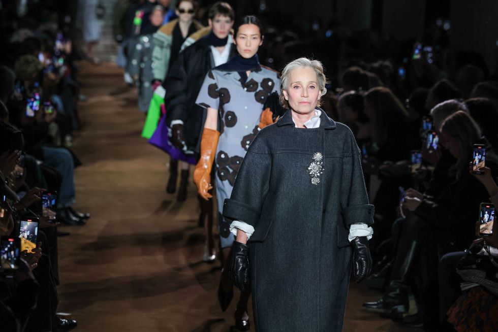 paris, france march 05 editorial use only for non editorial use please seek approval from fashion house kristin scott thomas walks the runway during the finale of the miu miu womenswear fallwinter 2024 2025 show as part of paris fashion week on march 05, 2024 in paris, france photo by victor boykogetty images