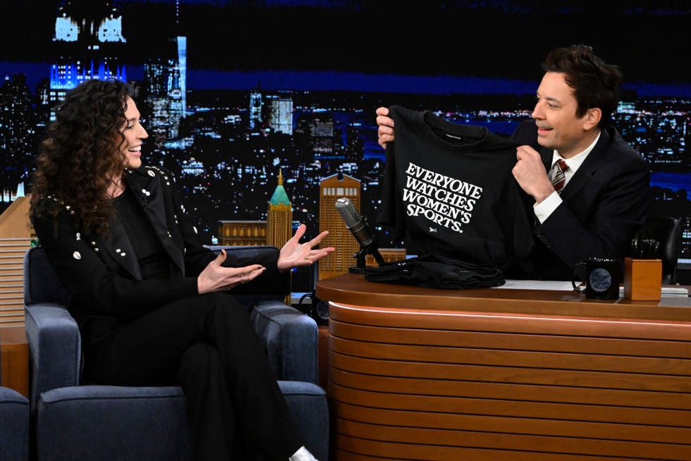 The Tonight Show Starring Jimmy Fallon, episode 1936. Pictured: Former basketball player Sue Bird during an interview with host Jimmy Fallon on Friday, March 8, 2024. Photo by Todd OyoungNBC via Getty Images