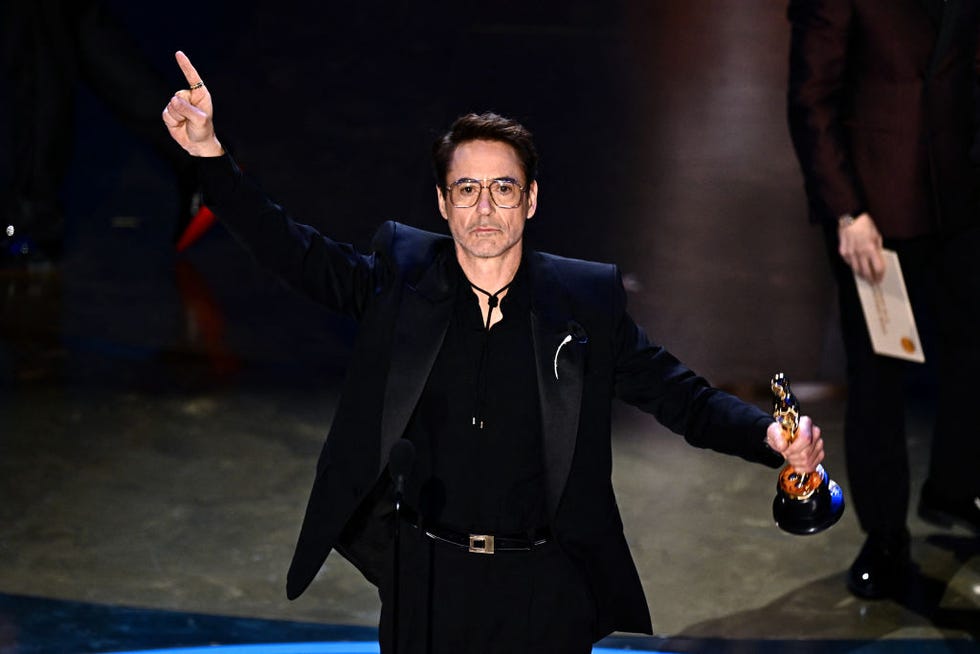 US-ENTERTAINMENT-FILM-AWARD-OSCARS-SHOW us actor robert downey jr accepts the award for best actor in a supporting role for oppenheimer onstage during the 96th annual academy awards at the dolby theatre in hollywood, california on march 10, 2024 photo by patrick t fallon afp photo by patrick t fallonafp via getty images