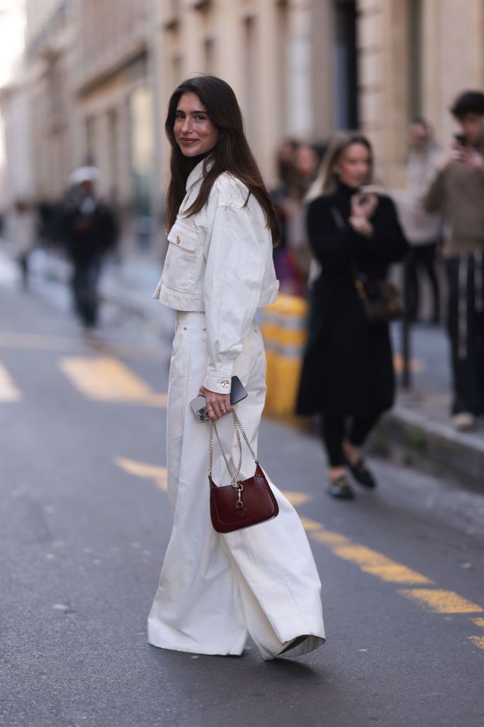 paris, france march 04 belen hostalet was seen wearing brown bag, cropped white jeans jacket as well as white denim jeans outside before zimmermann fashion show during the womenswear fallwinter 20242025 as part of paris fashion week on march 04, 2024 in paris, france photo by jeremy moellergetty images