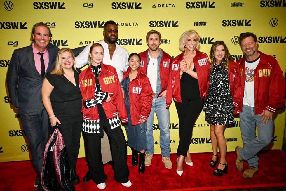 guymon casady, claudette godfrey, emily blunt, winston duke, ryan gosling, hannah waddingham, kelly mccormick and david leitch at the premiere of the fall guy as part of sxsw 2024 conference and festivals held at the paramount theatre on march 12, 2024 in austin, texas photo by michael bucknersxsw conference festivals via getty images