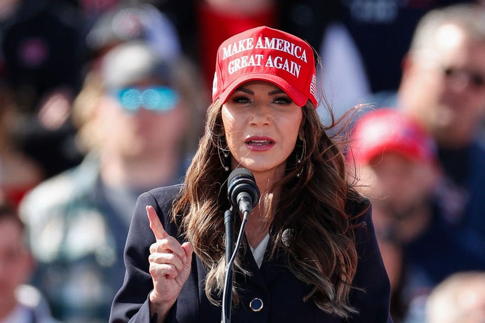 south dakota governor kristi noem speaks before former us president and republican presidential candidate donald trump takes the stage during a buckeye values pac rally in vandalia, ohio, on march 16, 2024 photo by kamil krzaczynski afp photo by kamil krzaczynskiafp via getty images