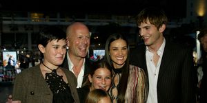 hollywood, ca   june 18    actor bruce willis l, actress demi moore and actor ashton kutcher with demi and bruces kids rumour l, scout  c and tallulah belle attend the premiere of columbia pictures film charlies angels 2 full throttle at the graumans chinese theatre june 18, 2003 in hollywood, california  the film will be released nationwide june 27, 2003  photo by kevin wintergetty images