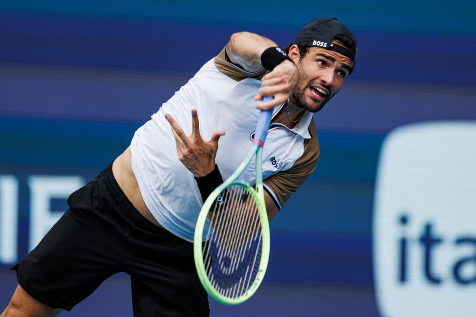 miami gardens, florida march 20 matteo berrettini of italy serves against andy murray of great britain in the first round of the miami open at the hard rock stadium on march 20, 2024 in miami gardens, florida photo by freytpngetty images