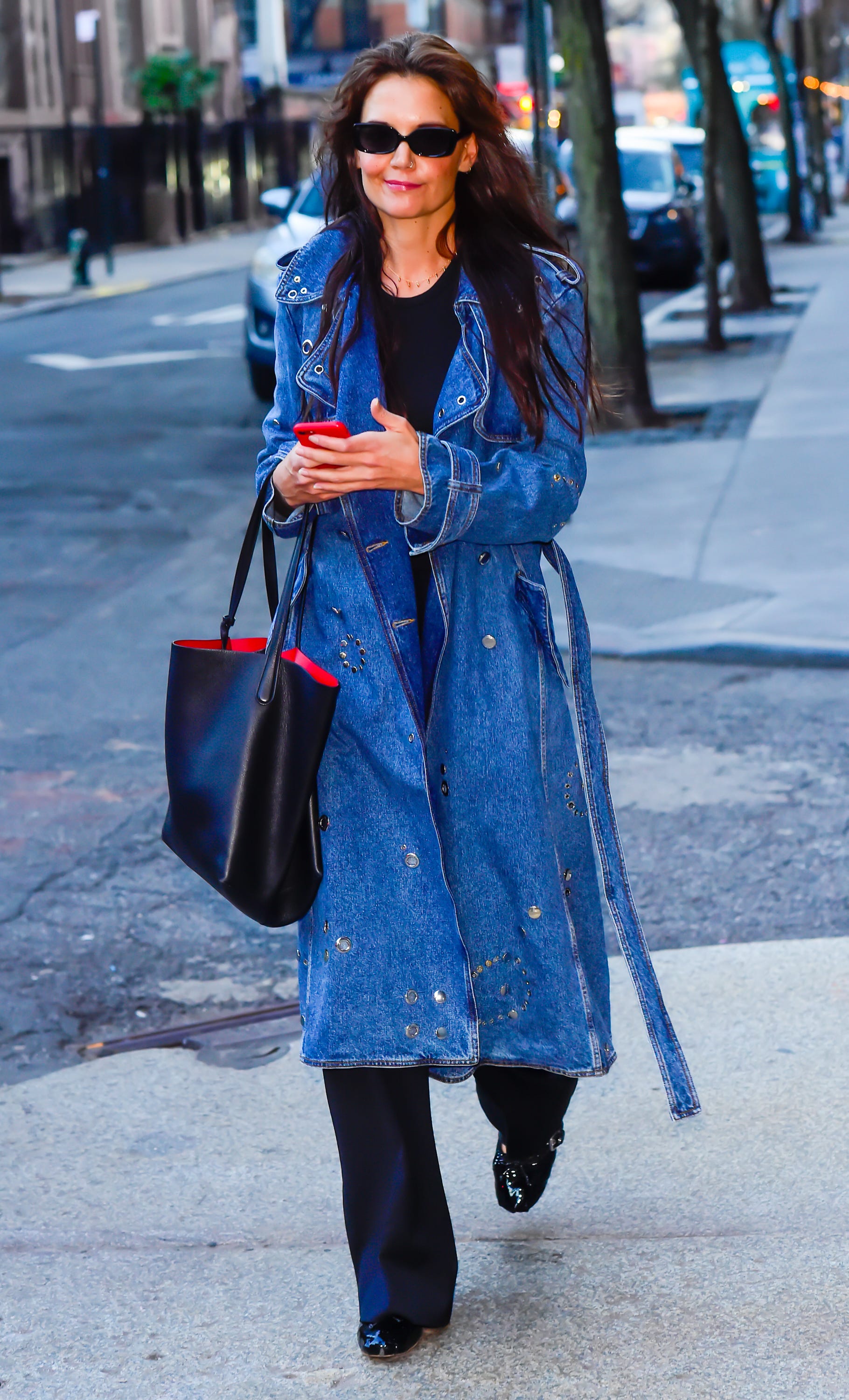 Katie Holmes's Studded Denim Trench Coat Is Why This Outfit Works