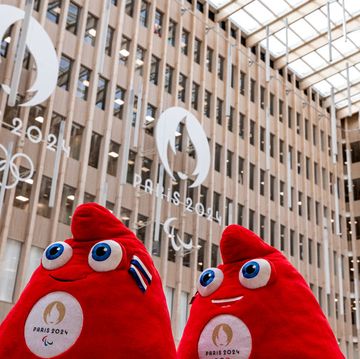 a photograph taken in saint denis, north of paris on march 28, 2024, shows two official olympic phryges mascots for the paris 2024 summer olympic and paralympic games displayed at headquarters of the paris 2024 olympics and paralympics organizing committee cojo photo by joel saget afp photo by joel sagetafp via getty images