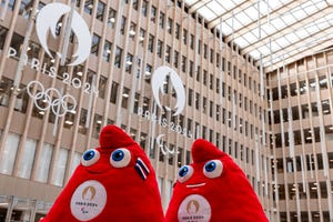 a photograph taken in saint denis, north of paris on march 28, 2024, shows two official olympic phryges mascots for the paris 2024 summer olympic and paralympic games displayed at headquarters of the paris 2024 olympics and paralympics organizing committee cojo photo by joel saget afp photo by joel sagetafp via getty images