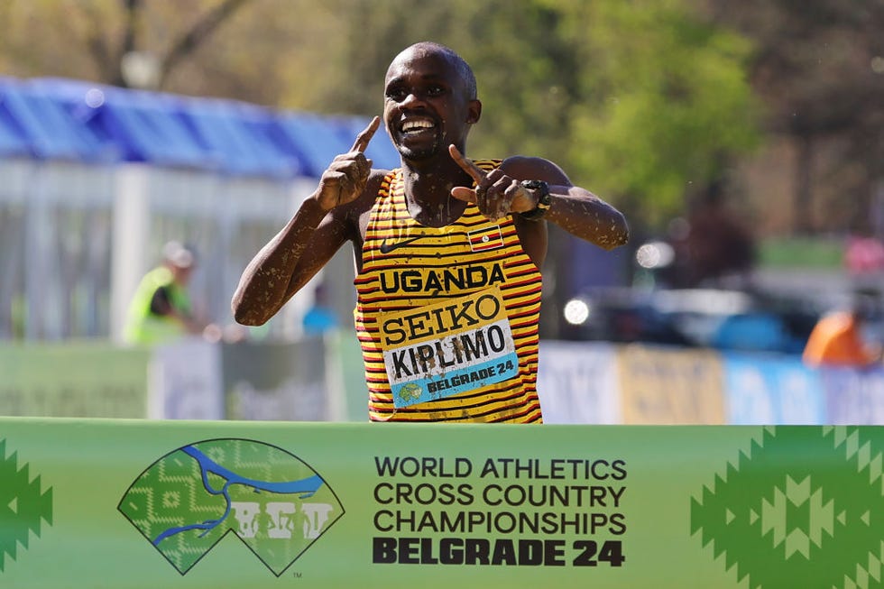 belgrade, serbia march 30 jacob kiplimo of uganda celebrates whilst crossing the finish line to win in the senior mens final during the world athletics cross country finals championships at the park of friendship on march 30, 2024 in belgrade, serbia photo by srdjan stevanovicgetty images for world athletics