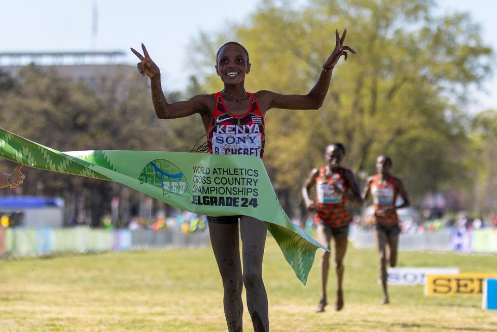 belgrade, serbia march 30 beatrice chebet of kenya celebrates after crossing the finish line to win in the senior womens final during the world athletics cross country finals championships at the park of friendship on march 30, 2024 in belgrade, serbia photo by maja hitijgetty images