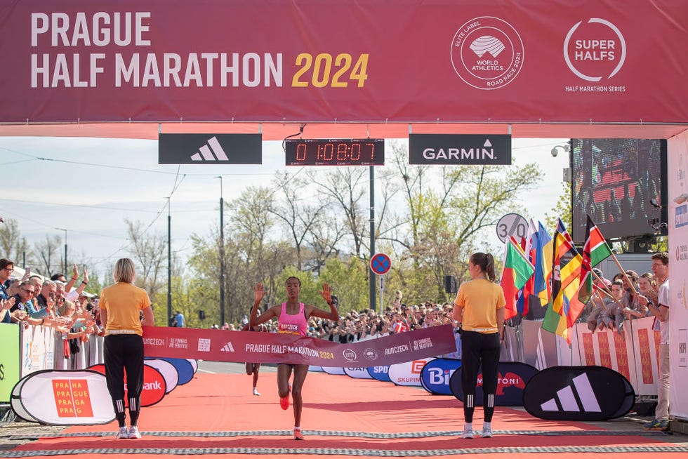 prague, czech republic april 6 gete alemayechu crosses finish line during the prague half marathon on april 6, 2024 in prague, czech republic photo by gabriel kuchtagetty images