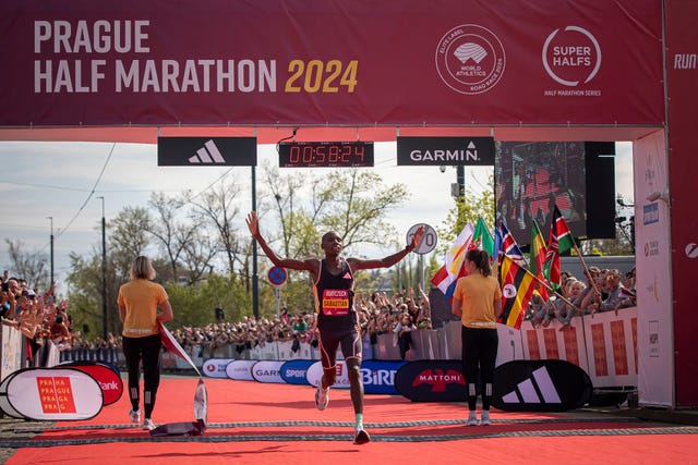 prague, czech republic april 6 sebastian sawe celebrates as he crosses finish line during the prague half marathon on april 6, 2024 in prague, czech republic photo by gabriel kuchtagetty images for adidas