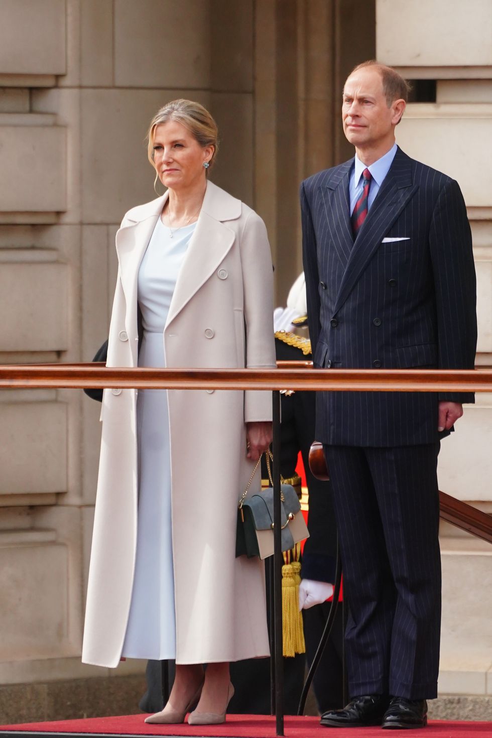 london, england april 8 sophie, duchess of edinburgh and prince edward, duke of edinburgh on behalf of king charles iii, watch the changing of the guard at buckingham palace with frances gendarmeries garde republicaine taking part to commemorate the 120th anniversary of the entente cordiale the historic diplomatic agreement between britain and france which laid the groundwork for their collaboration in both world wars on april 8, 2024 in london, england photo by victoria jones poolgetty images