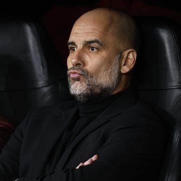 madrid, spain april 9 pep guardiola, head coach of manchester city gestures prior to the uefa champions league quarter final first leg match between real madrid cf and manchester city at estadio santiago bernabeu on april 9, 2024 in madrid, spain photo by manuel reinodefodi images via getty images