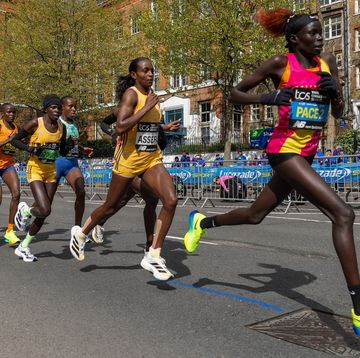 elite women runners, including the eventual winner peres jepchirchir of kenya and second placed tigst assefa of ethiopia, compete in the women's race at the london marathon on 21st april 2024 in london, united kingdom olympic champion jepchirchir won the women's event in a women's only world record primera of 21616, with assefa, jepkosgei and megertu alemu also beating the previous women's only record of 21701 set by mary keitany in 2017 photo by mark kerrisonin pictures via getty images