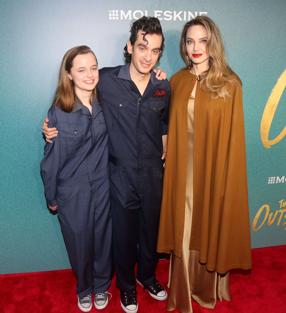 new york, new york april 11 vivienne jolie pitt, justin levine and angelina jolie attend the opening night of the outsiders at the bernard b jacobs theatre on april 11, 2024 in new york city photo by bruce glikasgetty images